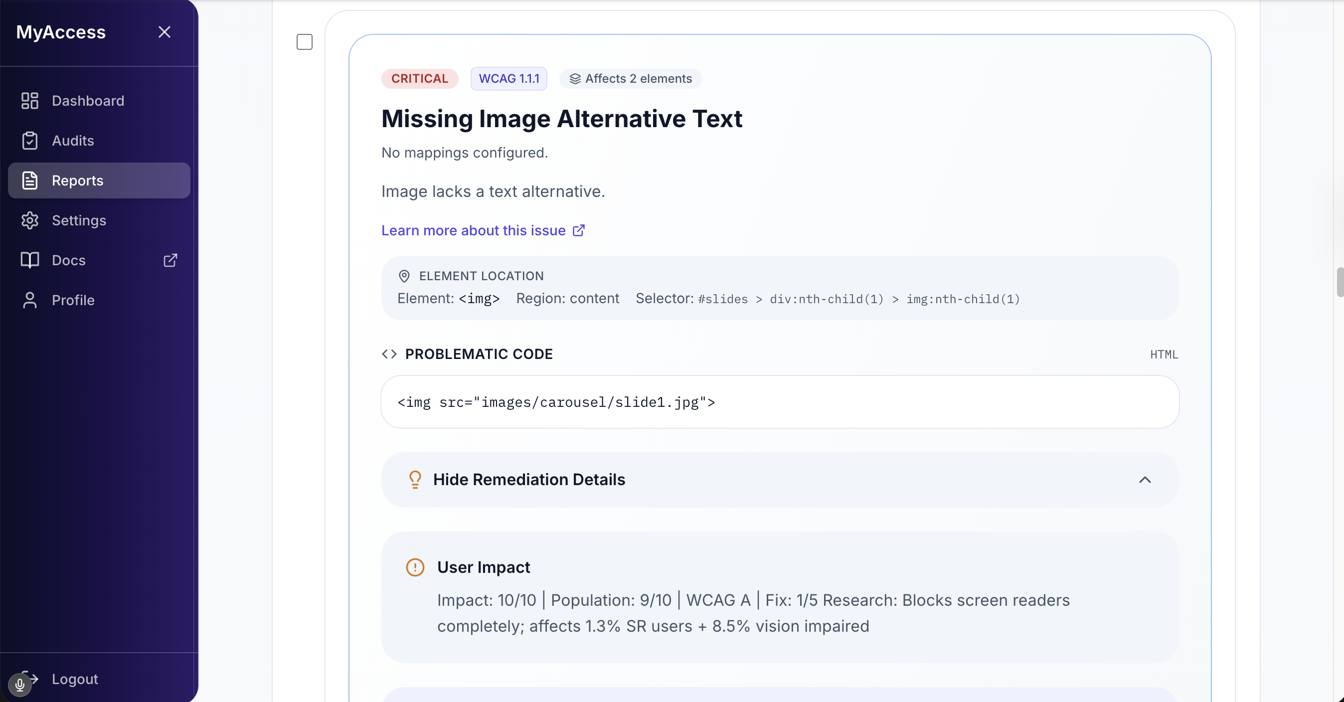 MyWebAccess report remediation detail showing WCAG criteria, issue context, and fix guidance.